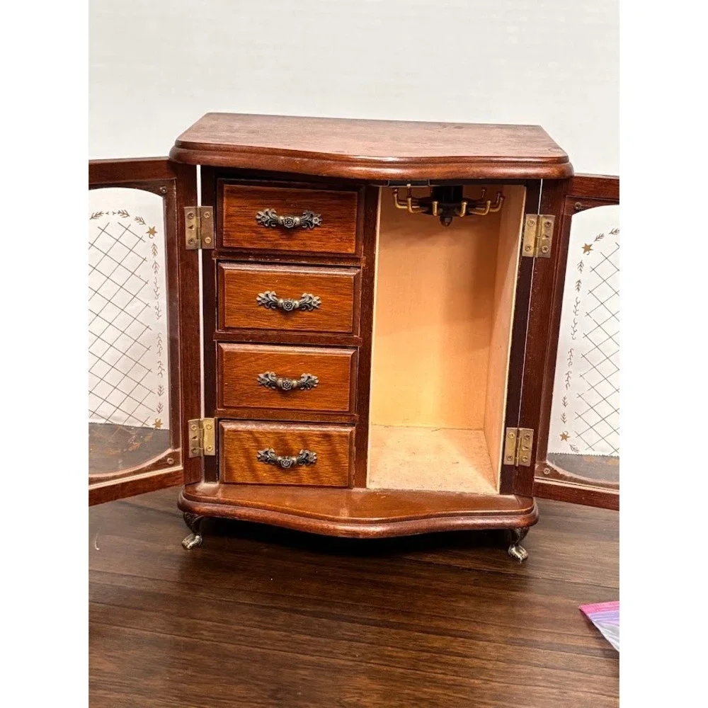 Vintage Wood Jewelry Armoire Glass Etched Doors Rotating Carousel Claw Feet